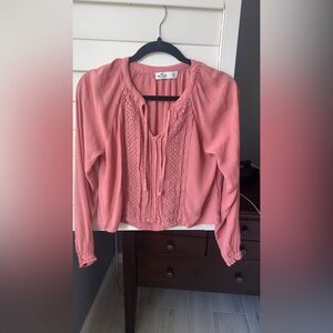 Hollister Coral Pink Blouse with Lace Detail.